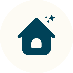A simple house icon with sparkles above it.