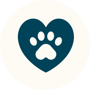 A white paw print inside a dark blue heart shape on a white background.