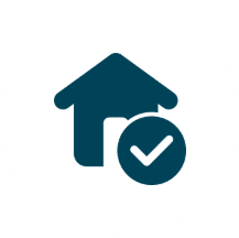 Blue house icon with a white checkmark in a circle.
