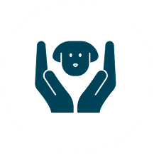 Icon of hands gently holding a dog's face symbolizing care.