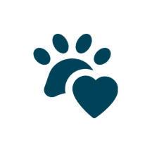A paw print with a heart symbol, representing pet care or animal love.