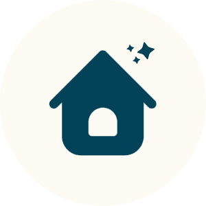 A simple house icon with sparkles above it.