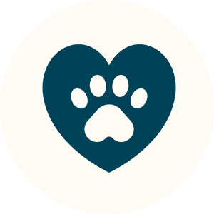 A white paw print inside a dark blue heart shape on a white background.