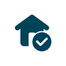 Blue house icon with a white checkmark in a circle.
