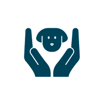 Icon of hands gently holding a dog's face symbolizing care.