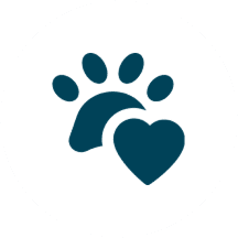 A paw print with a heart symbol, representing pet care or animal love.